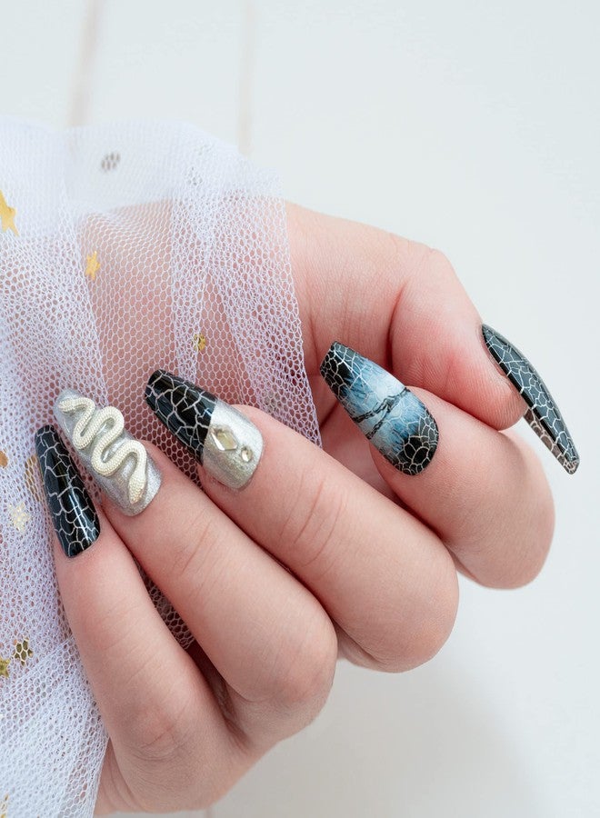 Sun&Beam Nails Handmade Press On Nail Coffin Ballerina 3D Snake Black Acrylic Fake Tip Design Art Charms Cute with Storage Box 10 Pcs (007 L) - Image 3