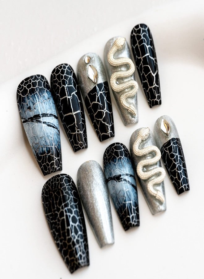Sun&Beam Nails Handmade Press On Nail Coffin Ballerina 3D Snake Black Acrylic Fake Tip Design Art Charms Cute with Storage Box 10 Pcs (007 L) - Image 1