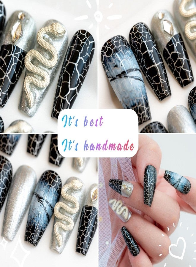 Sun&Beam Nails Handmade Press On Nail Coffin Ballerina 3D Snake Black Acrylic Fake Tip Design Art Charms Cute with Storage Box 10 Pcs (007 L) - Image 2