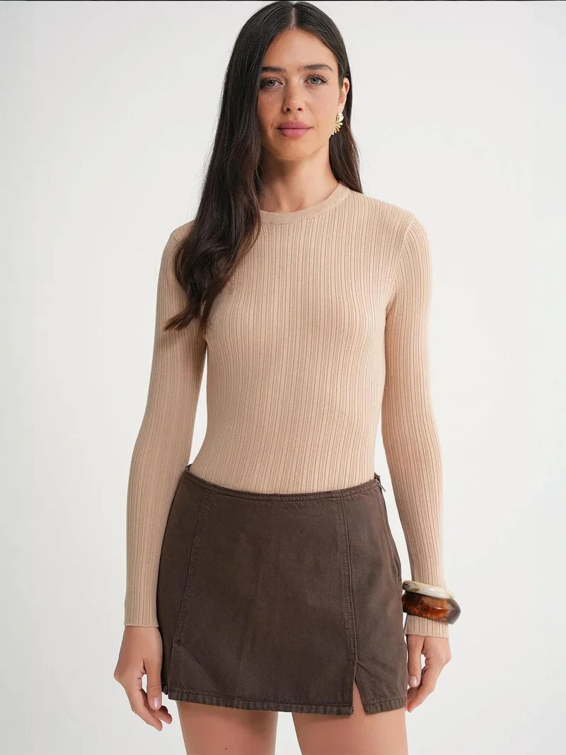 MixRay Mixray Soft Textured Ribbed Fitted Top