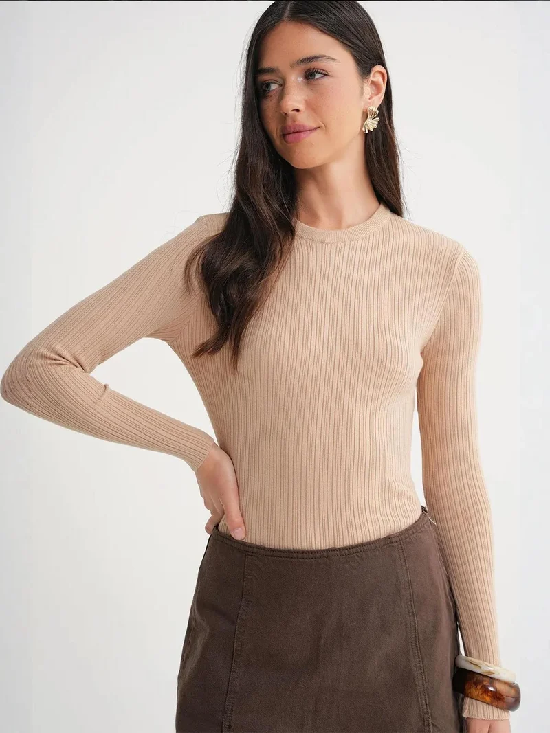 MixRay Tan Natural Mixray Soft Textured Ribbed Fitted Top for Women | Best Price UAE