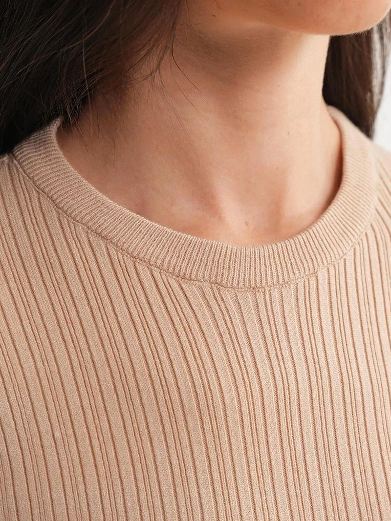 MixRay Tan Natural Mixray Soft Textured Ribbed Fitted Top for Women | Best Price UAE