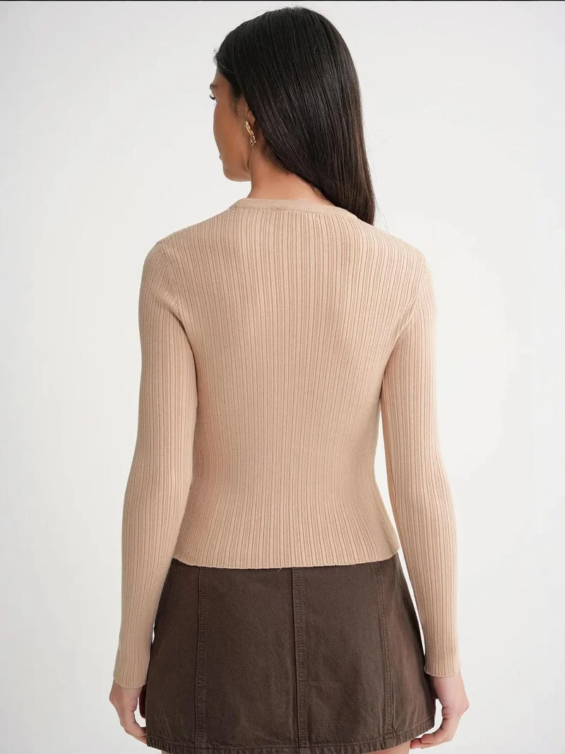 MixRay Tan Natural Mixray Soft Textured Ribbed Fitted Top for Women | Best Price UAE