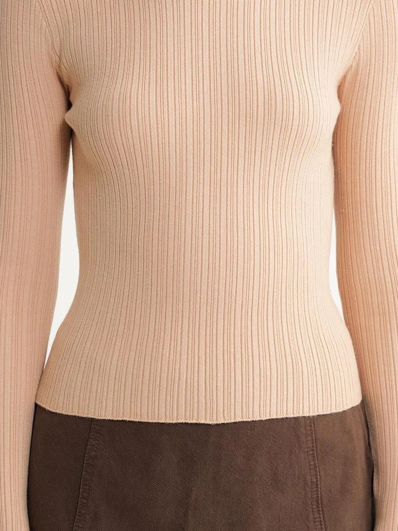 MixRay Tan Natural Mixray Soft Textured Ribbed Fitted Top for Women | Best Price UAE