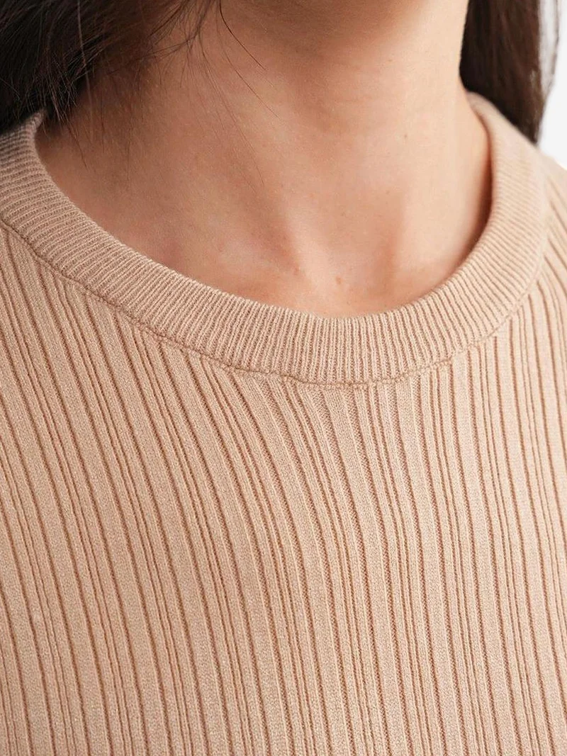 Mixray Tan Natural Mixray Soft Textured Ribbed Fitted Top for Women | Best Price UAE