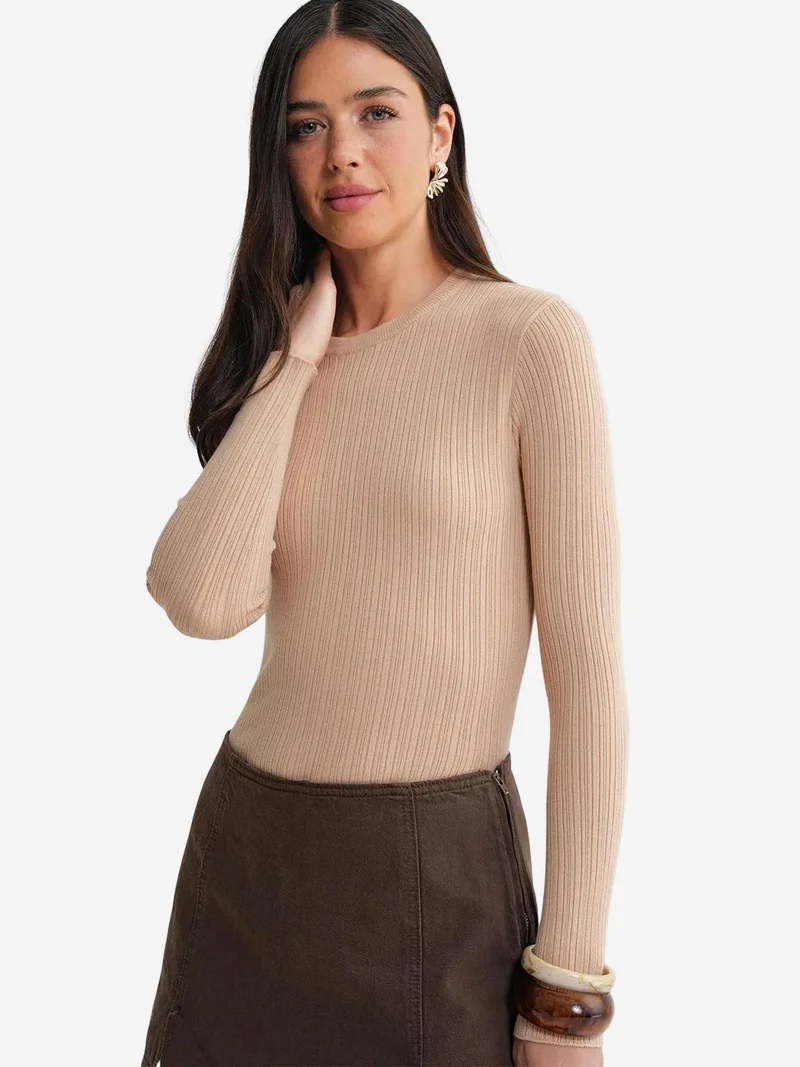 Mixray Tan Natural Mixray Soft Textured Ribbed Fitted Top for Women | Best Price UAE