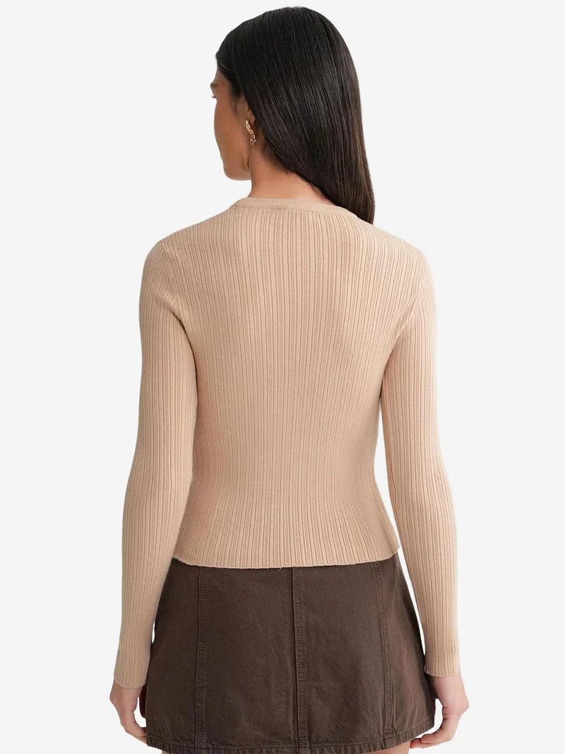 Mixray Tan Natural Mixray Soft Textured Ribbed Fitted Top for Women | Best Price UAE