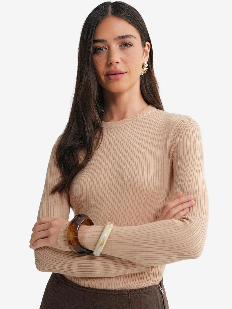 Mixray Tan Natural Mixray Soft Textured Ribbed Fitted Top for Women | Best Price UAE
