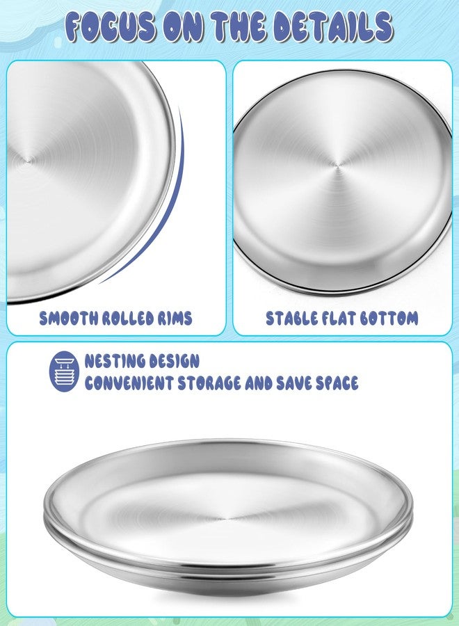 TeamFar 8 Inch Stainless Steel Toddler Plates Set of 4, Kids Dinner Metal Plates, Round Serving Salad Dishes for Camping Outdoor Party, Sturdy & Heavy Duty, Dishwasher Safe - Image 3