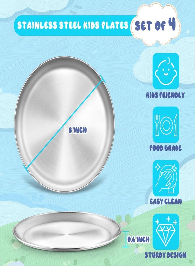 TeamFar 8 Inch Stainless Steel Toddler Plates Set of 4, Kids Dinner Metal Plates, Round Serving Salad Dishes for Camping Outdoor Party, Sturdy & Heavy Duty, Dishwasher Safe - Image 2