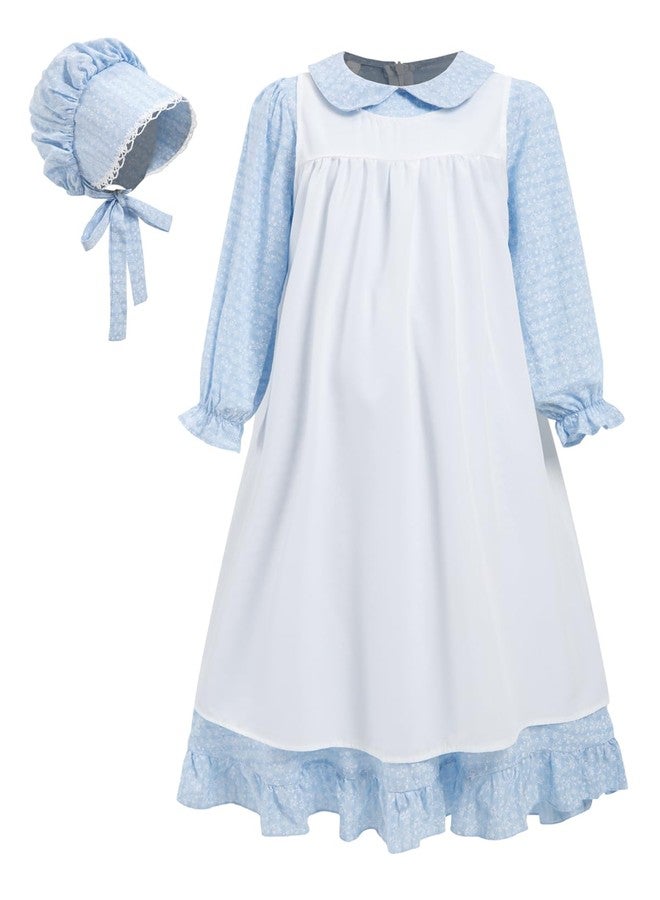 RAINDEWLL Pioneer Dresses for Girls Prairie Colonial Costume Long Sleeves Laura Ingalls Pilgrim Costume Blue 7-8Y - Image 1