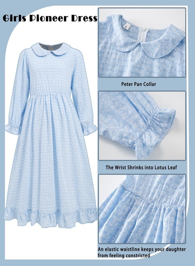 RAINDEWLL Pioneer Dresses for Girls Prairie Colonial Costume Long Sleeves Laura Ingalls Pilgrim Costume Blue 7-8Y - Image 4