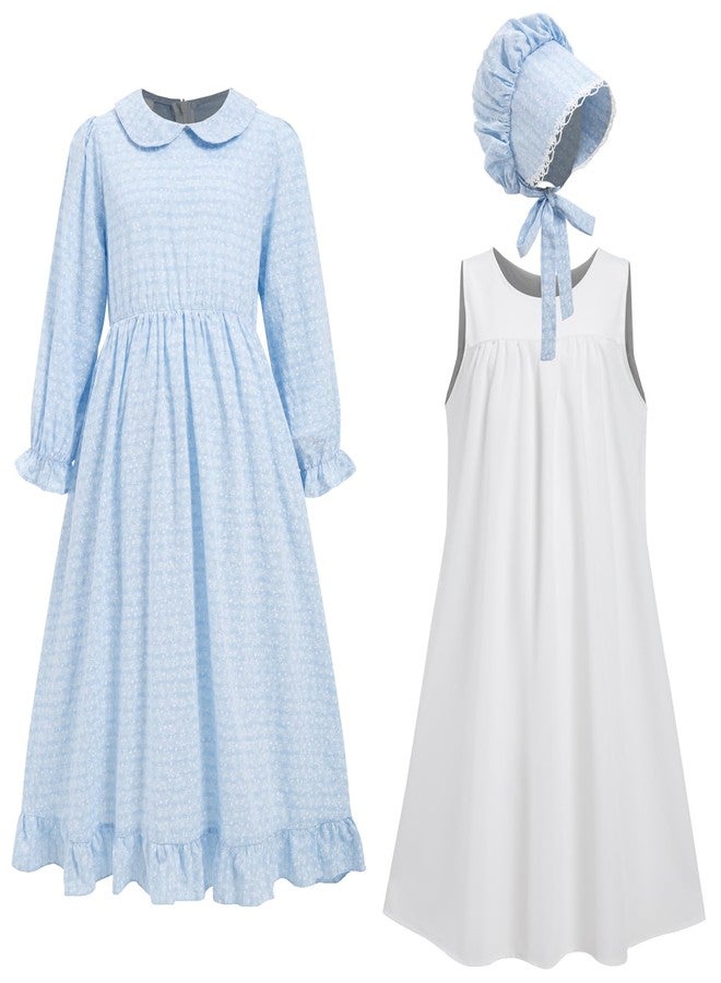 RAINDEWLL Pioneer Dresses for Girls Prairie Colonial Costume Long Sleeves Laura Ingalls Pilgrim Costume Blue 7-8Y - Image 3