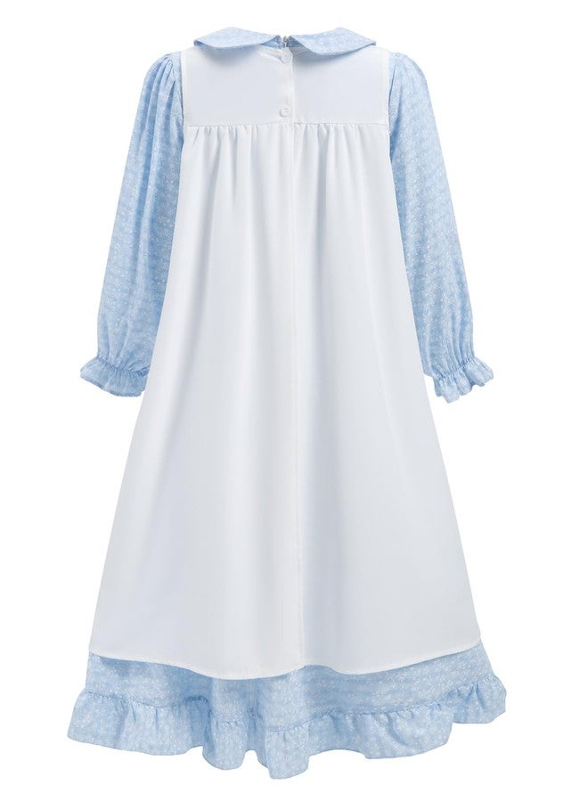 RAINDEWLL Pioneer Dresses for Girls Prairie Colonial Costume Long Sleeves Laura Ingalls Pilgrim Costume Blue 7-8Y - Image 2