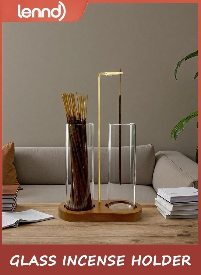 لينند حامل بخور زجاجي، حامل موقد أعواد البخور 2 في 1 مع مساحة تخزين، حامل بخور معلق رأسًا على عقب للأعواد مع مصيدة رماد زجاجية للتأمل واليوغا وديكور غرفة السبا (بني) - Image 4