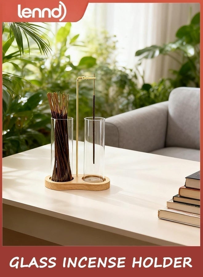 لينند حامل بخور زجاجي، حامل موقد أعواد البخور 2 في 1 مع مساحة تخزين، حامل بخور معلق رأسًا على عقب للأعواد مع مصيدة رماد زجاجية للتأمل واليوغا وديكور غرفة السبا (بني) - Image 5