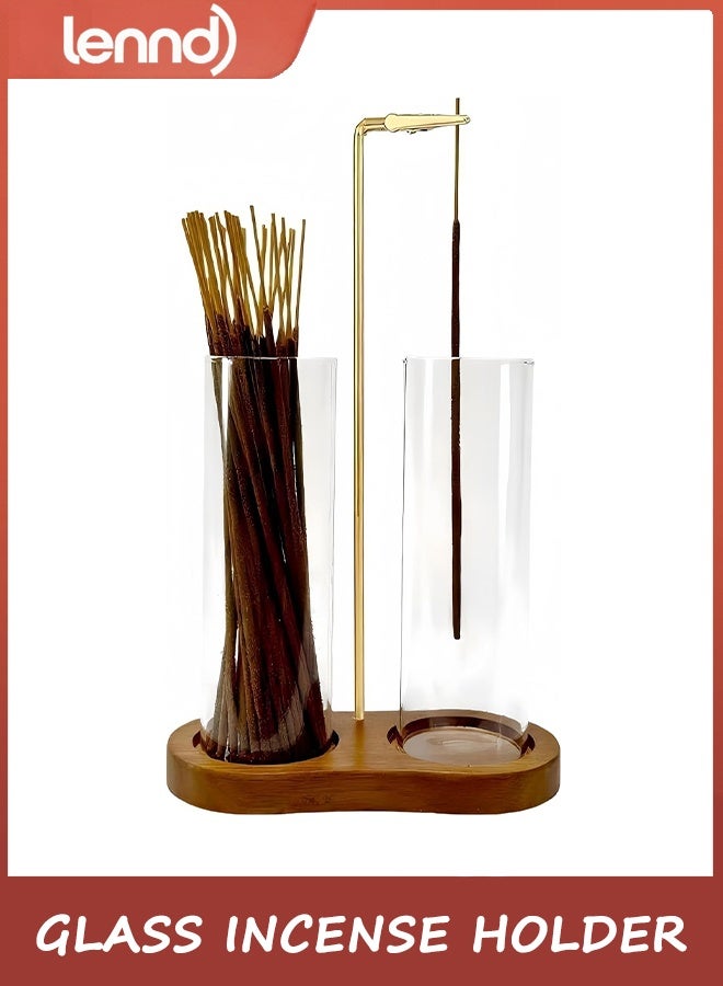 لينند حامل بخور زجاجي، حامل موقد أعواد البخور 2 في 1 مع مساحة تخزين، حامل بخور معلق رأسًا على عقب للأعواد مع مصيدة رماد زجاجية للتأمل واليوغا وديكور غرفة السبا (بني) - Image 1