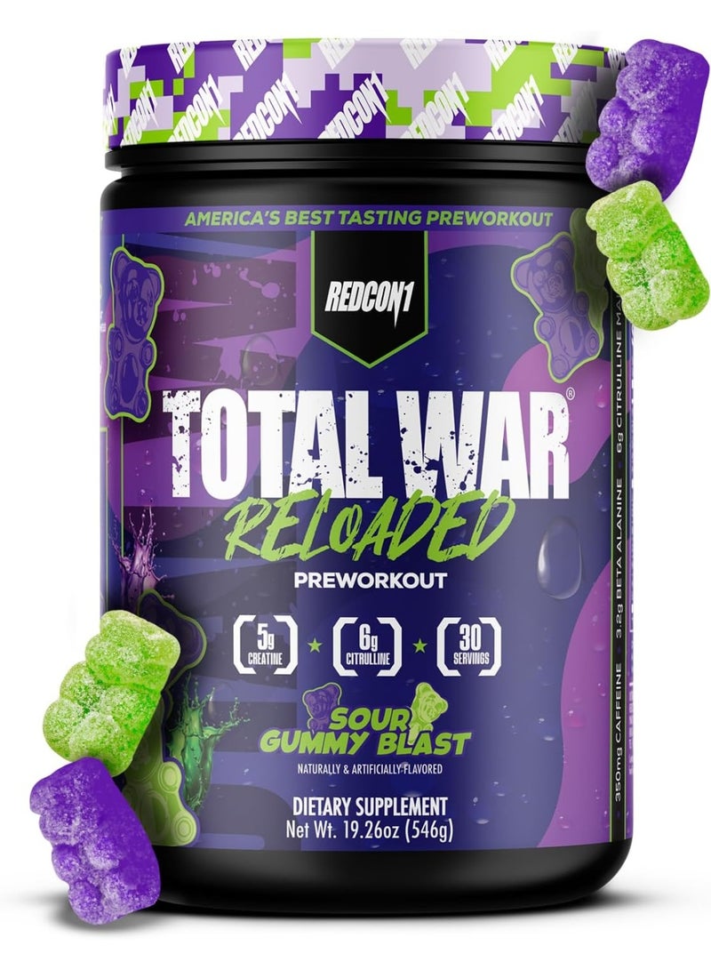 REDCON1 Total War Reloaded Pre Workout Powder, Sour Gummy Blast - Creatine, Beta Alanine + L-Citrulline Malate Keto Friendly for Men & Women with 350mg of Caffeine - Fast Acting (30 Servings) - Image 1