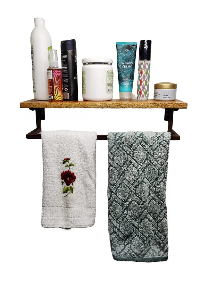 appeasy Wall Mount 18 inch Wooden Kitchen/Bathroom Shelf with Metal Towel Rack Holder,Utility Storage Shelf Rack, Floating Shelves Towel Holder,Brown - Image 2