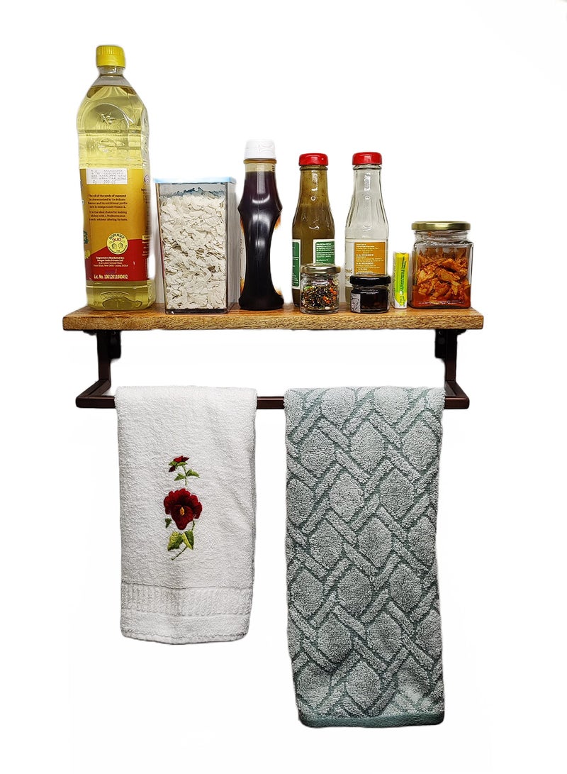 appeasy Wall Mount 18 inch Wooden Kitchen/Bathroom Shelf with Metal Towel Rack Holder,Utility Storage Shelf Rack, Floating Shelves Towel Holder,Brown - Image 3