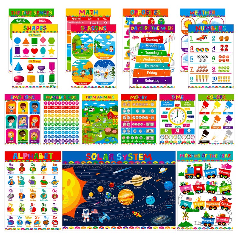 Gethelud 17 Packs Educational Poster, PET Film Covered Preschool Learning Tools for Nursery Kindergarten Toddlers - Image 1