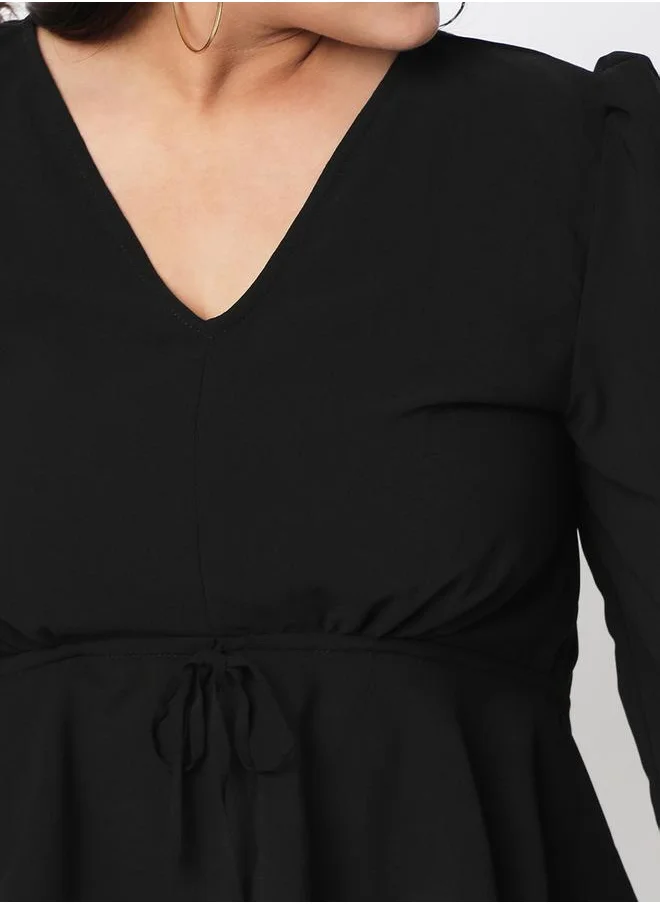 ميش Solid V Neck Long Sleeve Top with Tie-Up Detail