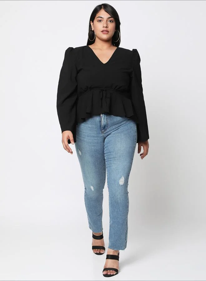 Mish Mish Solid V Neck Long Sleeve Top with Tie-Up Detail