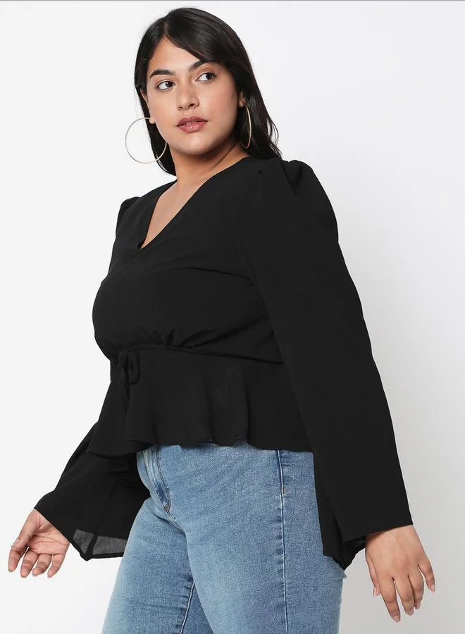 Mish Mish Solid V Neck Long Sleeve Top with Tie-Up Detail