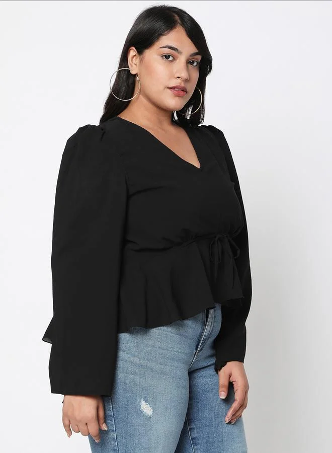 Mish Mish Solid V Neck Long Sleeve Top with Tie-Up Detail