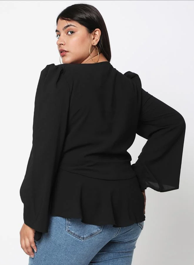 Mish Mish Solid V Neck Long Sleeve Top with Tie-Up Detail