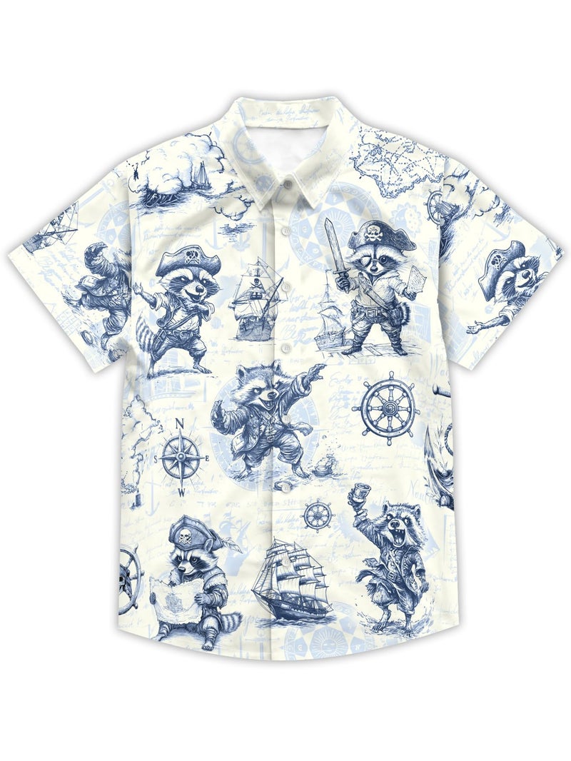DFZ Men's Cruise Button Down Pirate Raccoon Hawaiian Shirt Treasure Map Design Tropical Nautical Theme Party Outfits Dark Blue - Image 3