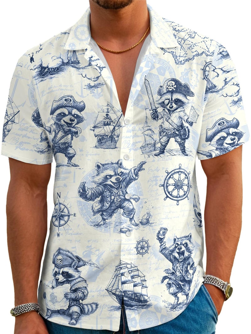 DFZ Men's Cruise Button Down Pirate Raccoon Hawaiian Shirt Treasure Map Design Tropical Nautical Theme Party Outfits Dark Blue - Image 1