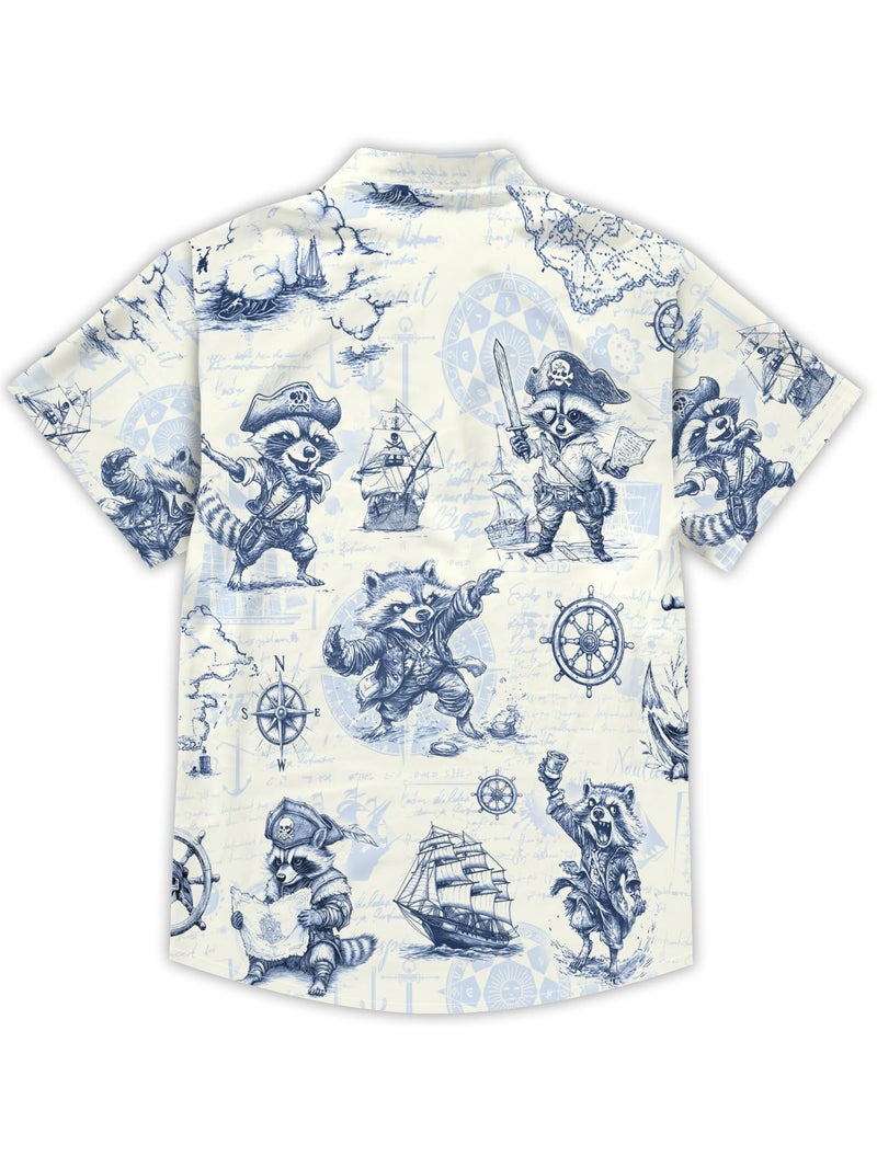 DFZ Men's Cruise Button Down Pirate Raccoon Hawaiian Shirt Treasure Map Design Tropical Nautical Theme Party Outfits Dark Blue - Image 4