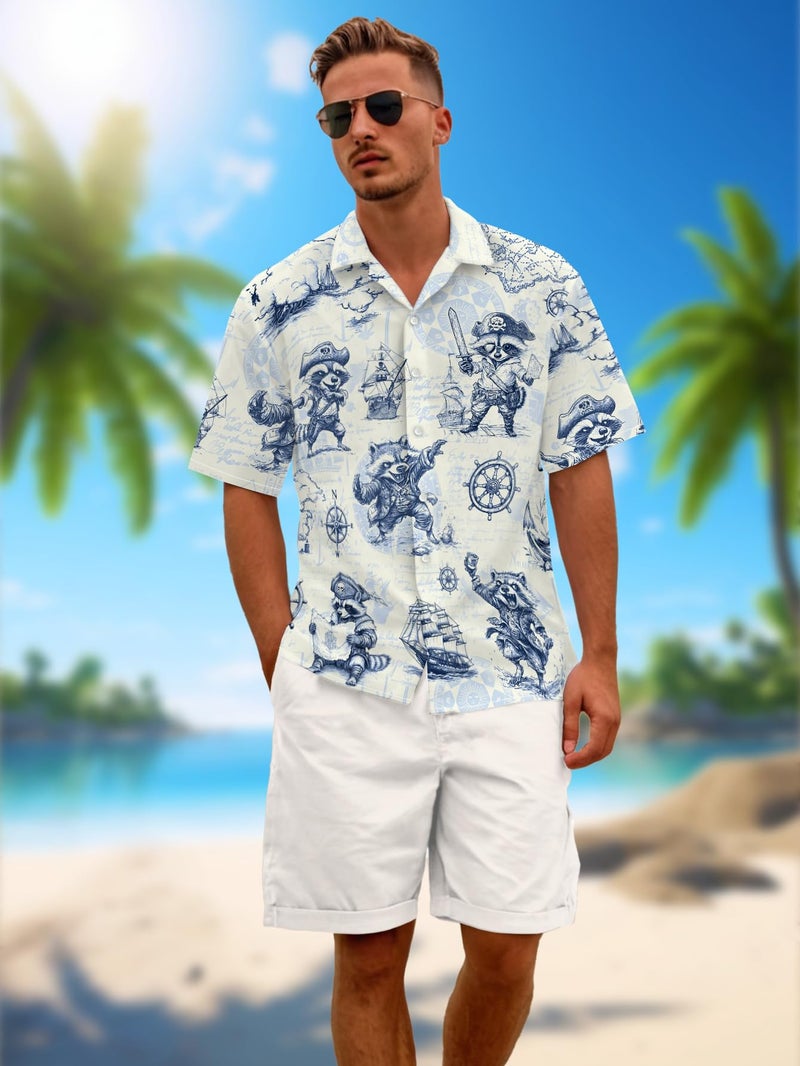DFZ Men's Cruise Button Down Pirate Raccoon Hawaiian Shirt Treasure Map Design Tropical Nautical Theme Party Outfits Dark Blue - Image 2