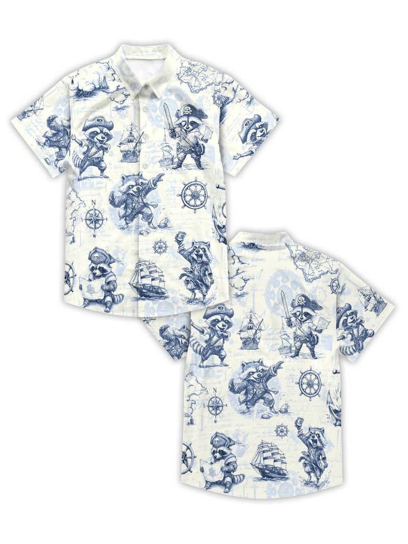 DFZ Men's Cruise Button Down Pirate Raccoon Hawaiian Shirt Treasure Map Design Tropical Nautical Theme Party Outfits Dark Blue - Image 5