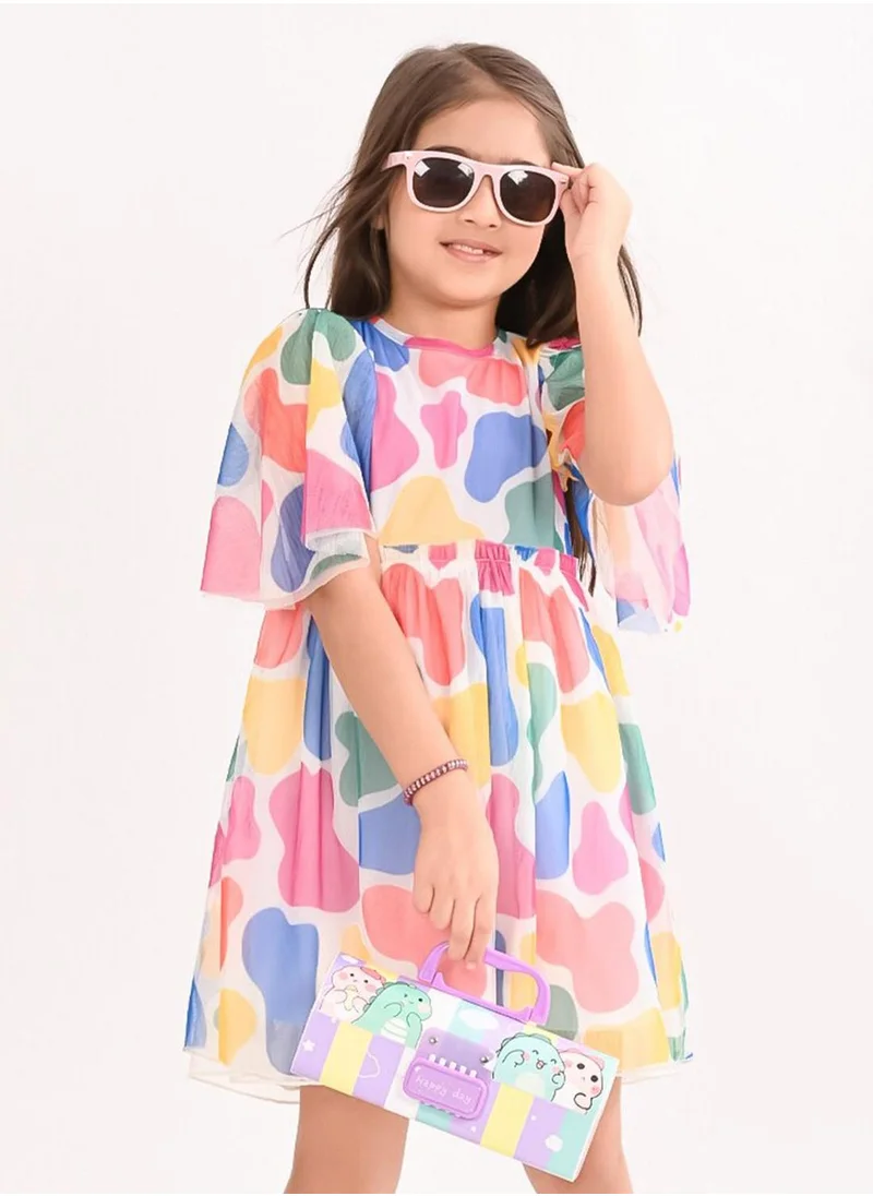 بونكيدز Regular Fit Printed Multicolour Cotton Dresses For Girls Round Neck Flat Collar Pull On 100 % Cotton