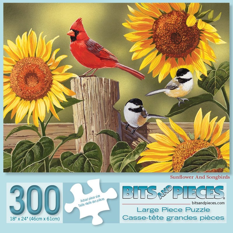 Bits and Pieces – Large 300 Piece Jigsaw Puzzle for Adults – Sunflower and Songbirds’Jigsaw Puzzle by Artist William Vanderdasson, Completed Puzzle Size: 18" x 24" - Image 1