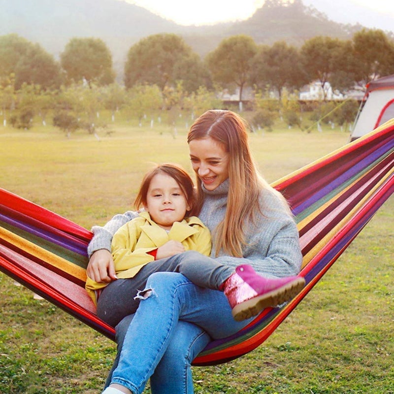 we3 Canvas Fabric Camping Hammock with Carrying Bag for Patio Porch Garden Backyard Lounging OutdoorIndoor Hammock RED Wooden Stripe 280 100 - Image 5