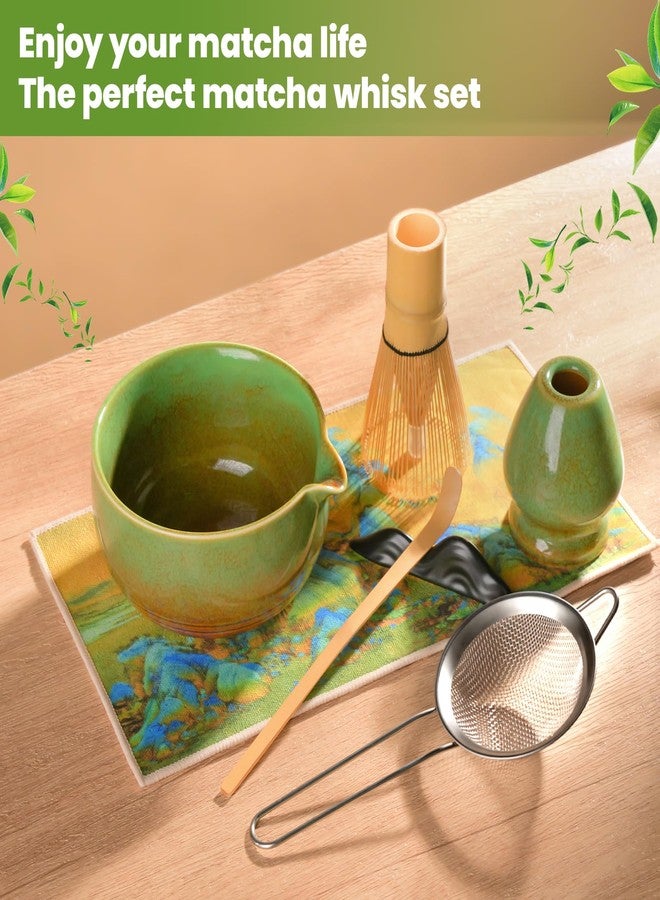 VZZNN Matcha Whisk Set - 7 Pcs Ceramic Matcha Kit Set Includes Matcha Bowl,Matcha Whisk and Holder,Bamboo Scoop, Scoop Rest,Sifter and Tea Towel Gift for Family/Friend Matcha Tea Making Tools（Matcha Green） - Image 3
