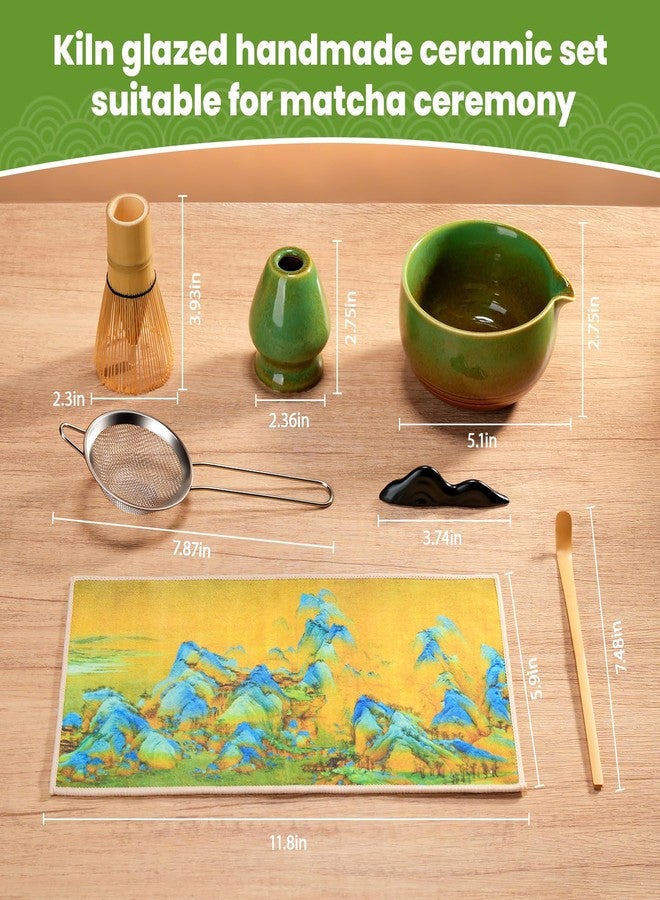 VZZNN Matcha Whisk Set - 7 Pcs Ceramic Matcha Kit Set Includes Matcha Bowl,Matcha Whisk and Holder,Bamboo Scoop, Scoop Rest,Sifter and Tea Towel Gift for Family/Friend Matcha Tea Making Tools（Matcha Green） - Image 2