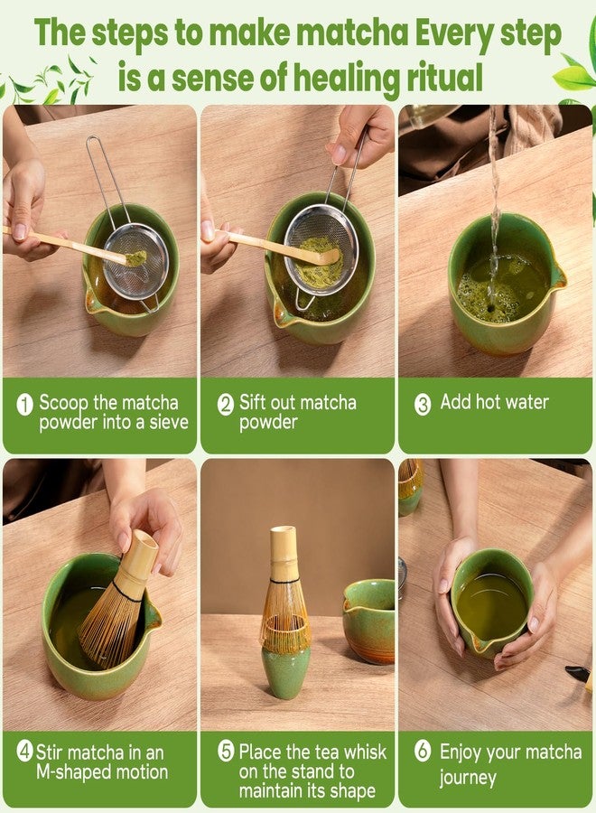 VZZNN Matcha Whisk Set - 7 Pcs Ceramic Matcha Kit Set Includes Matcha Bowl,Matcha Whisk and Holder,Bamboo Scoop, Scoop Rest,Sifter and Tea Towel Gift for Family/Friend Matcha Tea Making Tools（Matcha Green） - Image 4