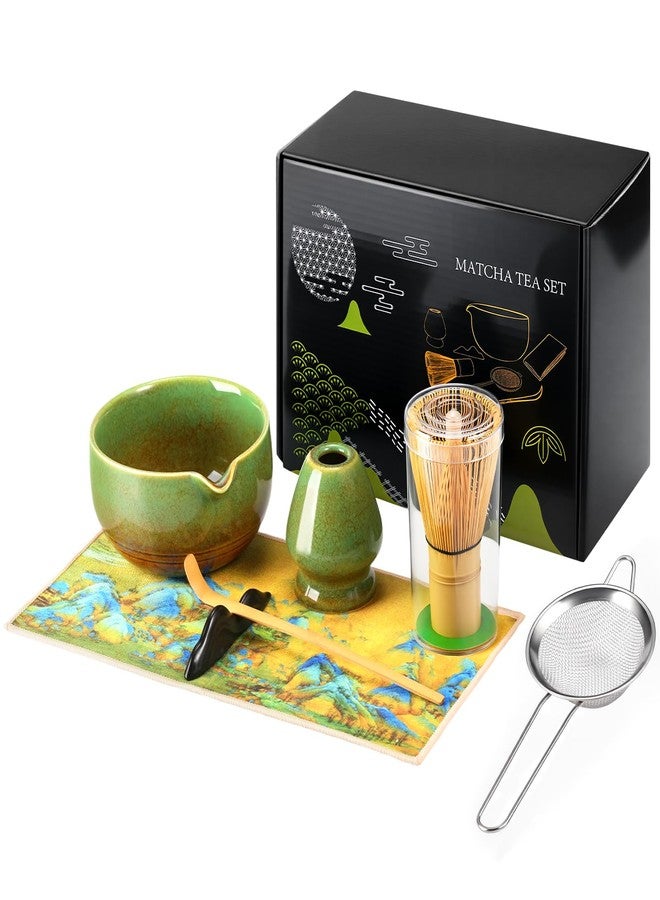 VZZNN Matcha Whisk Set - 7 Pcs Ceramic Matcha Kit Set Includes Matcha Bowl,Matcha Whisk and Holder,Bamboo Scoop, Scoop Rest,Sifter and Tea Towel Gift for Family/Friend Matcha Tea Making Tools（Matcha Green） - Image 1
