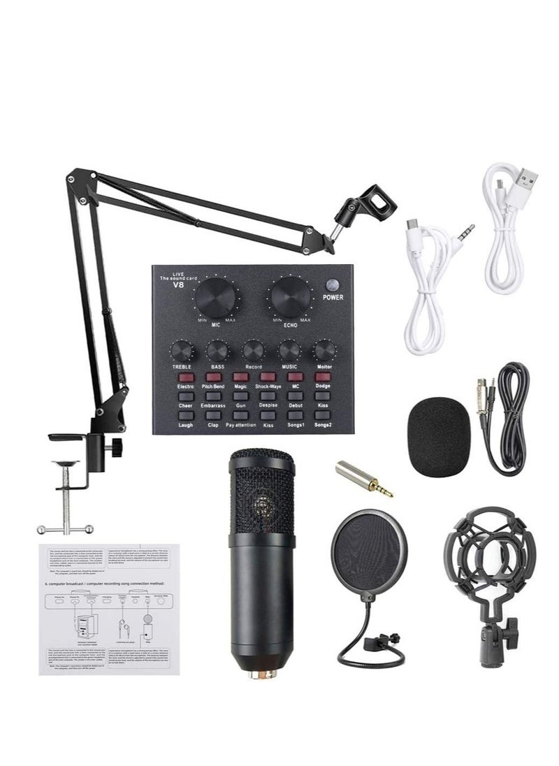 Microphone,Live Sound Card & BM800 Suspension Microphone Kit Broadcasting Recording Condenser Microphone Set Intelligent Volume Audio Mixer Sound Card for Computer PC Live Sound