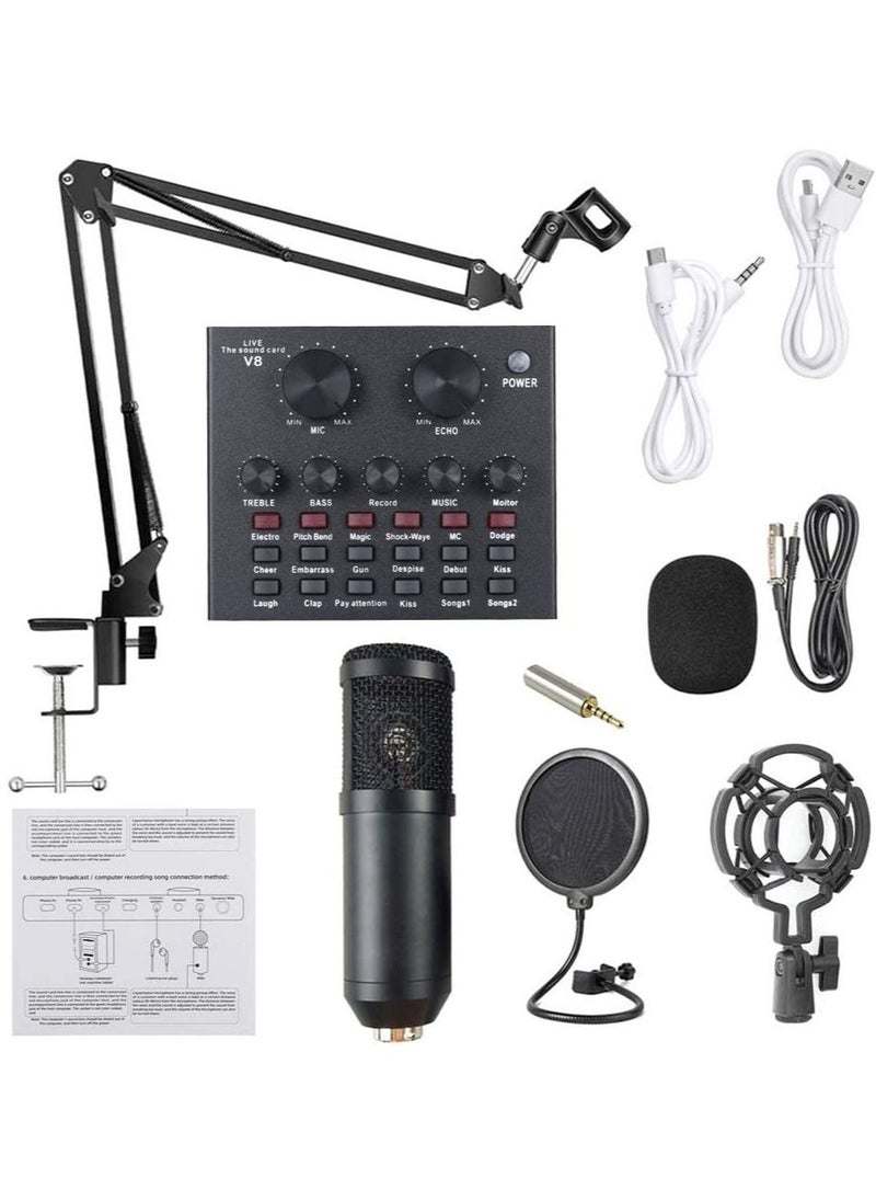 Microphone,Live Sound Card & BM800 Suspension Microphone Kit Broadcasting Recording Condenser Microphone Set Intelligent Volume Audio Mixer Sound Card for Computer PC Live Sound