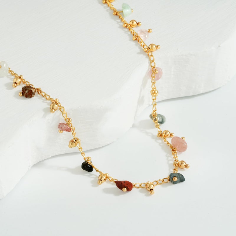MTMY Beaded Necklaces for Women 14K Gold Plated Dainty Colorful Green/Rose Beaded Pearl Choker Necklace Delicate Boho Choker Necklace Jewelry Gift (mixed color stone) - Image 5