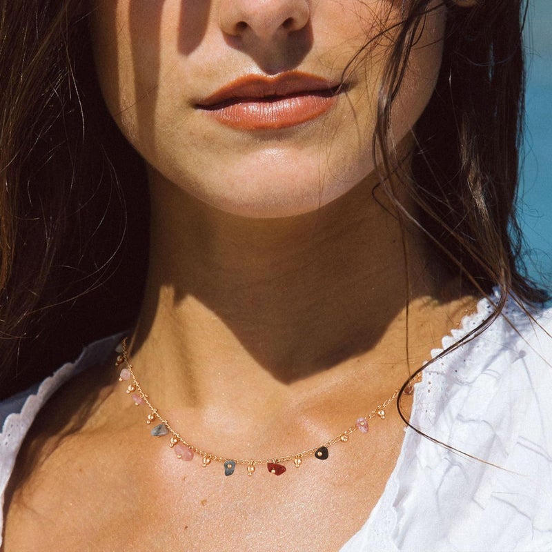 MTMY Beaded Necklaces for Women 14K Gold Plated Dainty Colorful Green/Rose Beaded Pearl Choker Necklace Delicate Boho Choker Necklace Jewelry Gift (mixed color stone) - Image 2