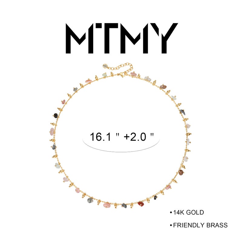 MTMY Beaded Necklaces for Women 14K Gold Plated Dainty Colorful Green/Rose Beaded Pearl Choker Necklace Delicate Boho Choker Necklace Jewelry Gift (mixed color stone) - Image 4