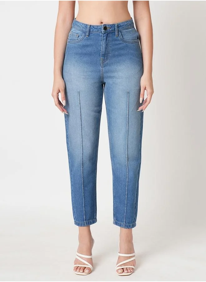 globus Globus Women Med Blue Light Fade Whiskers Effect High-Rise Boyfriend Fit Pintuck Jeans by Styli