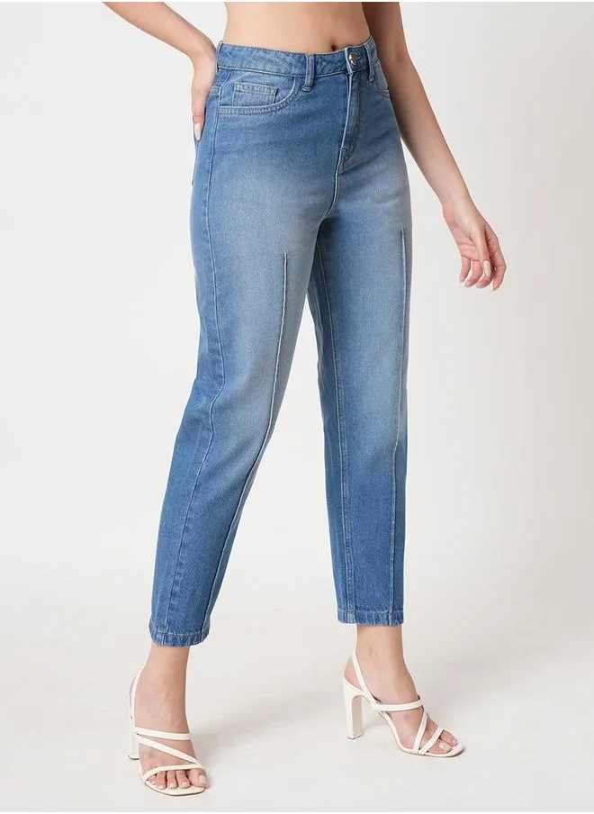 globus Globus Women Med Blue Light Fade Whiskers Effect High-Rise Boyfriend Fit Pintuck Jeans by Styli