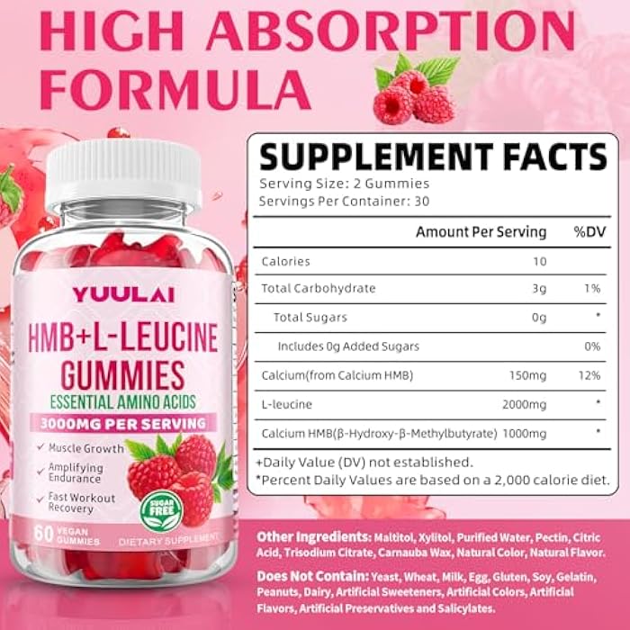 YUULAI Pack of 2 HMB and L-Leucine Gummies, 3000mg HMB and Leucine Amino Acid for Men Women, for Muscle Growth, Muscle Relief, and Fast Workout Recovery, Vegan, Raspberry Flavor, 120 Count - Image 2